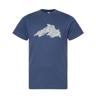 Blue t-shirt with a white Lake Superior graphic design made by AdventureUs made on Lake Superior.