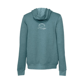 Teal hoodie with a wave logo on the back with the text "Lake Superior and AdventureUs" against a white background