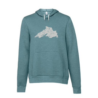 Lake Superior Vintage Print - Fleece Pullover Hooded Sweatshirt - Heather Blue Lagoon