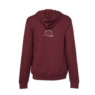 The back of a maroon pullover hoodie with a distressed white graphic of a wave with the words Lake Superior and AdventureUs on the back.