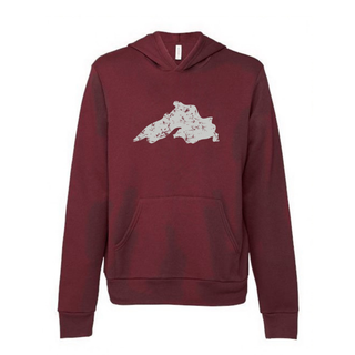 A maroon pullover hoodie with a distressed white graphic of the Great Lake of Lake Superior on the chest.