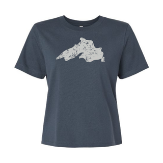 Light Navy blue t-shirt with a white Lake Superior graphic designed by AdventureUs in Washburn Wisconsin.
