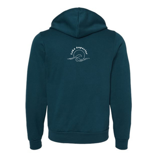 Dark Teal blue hoodie with a white wave design and 'Lake Superior' text on the back, on a white background. Lake Superior Vintage Print - Full-Zip Hooded Fleece Sweatshirt - Atlantic dark teal