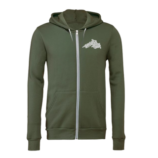 An olive green zip-up hoodie with a white graphic of Lake Superior on the left chest, displayed on a clean white background.