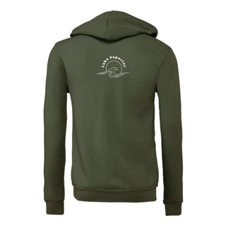 An olive green hooded sweatshirt shown from the back, featuring a small white circular wave graphic with the text 'Lake Superior' printed on the upper back.