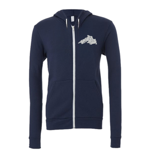 A navy blue zip-up hoodie with a white drawstring zipper, pockets, and a white graphic of Lake Superior on the left chest, shown against a plain white background.