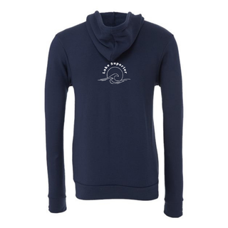A navy blue zip up hoodie with a white 'Lake Superior' wave graphic printed on the center chest, displayed on a clean white background.