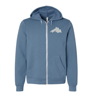 A slate blue zip-up hoodie with a white drawstring zipper, pockets, and a white graphic of Lake Superior on the left chest, shown against a plain white background.