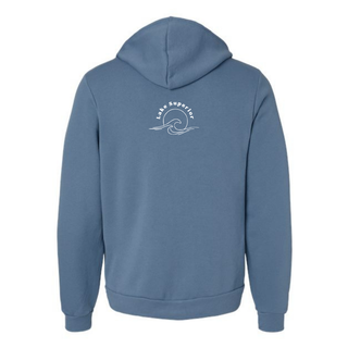 A slate blue zip up hoodie shown from the back, featuring a small white circular wave graphic with the text 'Lake Superior' printed on the upper back.