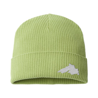 Leaf Green Organic Cotton Cuffed Knit Beanie featuring a Lake Superior embroidered patch designed and applied by AdventureUs in Washburn Wisconsin.