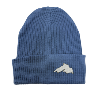 Sky Blue cuffed ribbed knit hat featuring a silver lake superior embroidered patch.