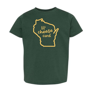 Green t-shirt with yellow outline of Wisconsin and 'lil cheese curd' text on a white background