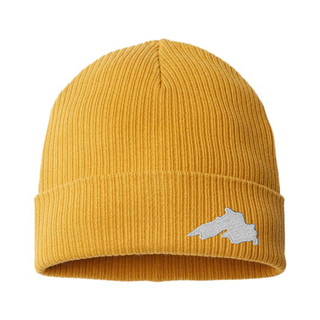 Mustard Yellow Organic Cotton Cuffed Knit Beanie featuring a Lake Superior embroidered patch designed and applied by AdventureUs in Washburn Wisconsin.
