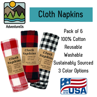 AdventureUs' eco-friendly washable, reusable, classic plaid napkins add charm to any picnic, boat or cabin life. Unbelievably soft 100% yarn-dyed cotton flannel. Lightweight & Packable.