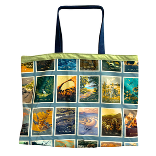 Great as gifts and as additions to your sustainable lifestyle. Size: 18" wide x 13.5" tall x 6" gusseted bottom Materials: 100% cotton with cotton liner and webbing. Care: Easy wash and dry on normal settings