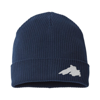 Navy Blue Organic Cotton Cuffed Knit Beanie featuring a Lake Superior embroidered patch designed and applied by AdventureUs in Washburn Wisconsin.