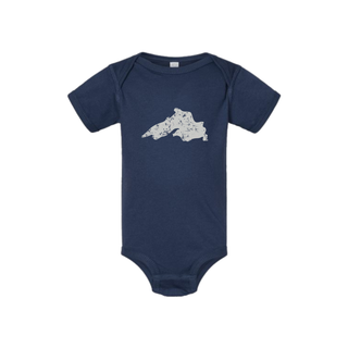 AdventureUs Lake Superior vintage distressed graphic on navy blue baby bodysuit.