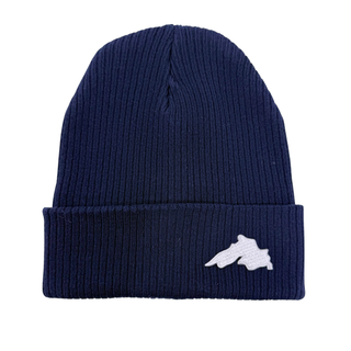 Navy cuffed ribbed knit hat featuring a silver lake superior embroidered patch.