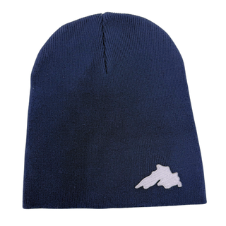 Navy stretchy narrow rib knit beanie featuring a silver embroidered Lake Superior patch.