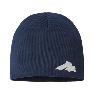 Navy Blue Organic Cotton  Knit Beanie featuring a Lake Superior embroidered patch designed and applied by AdventureUs in Washburn Wisconsin.
