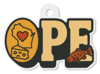 Logo with a heart in the shape of a state, 'OPE' text, and fish icon on a yellow background