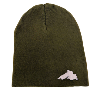 Olive Green stretchy narrow rib knit beanie featuring a silver embroidered Lake Superior patch.