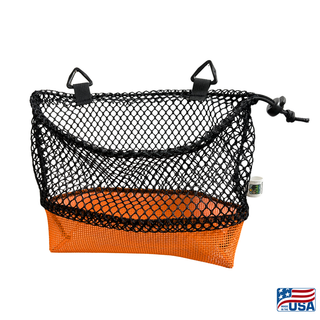 AdventureUs Mesh Collecting Bag in Orange. Gusseted bottom and drawstring closure on a mesh collecting bag for rocks, mushrooms, shells, and beach finds. Strap removed.