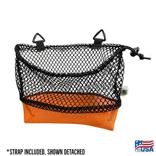 Orange AdventureUs mesh collecting bag with carrying strap shown detached for agate hunting, rock collecting, mushroom foraging, and beachcombing.