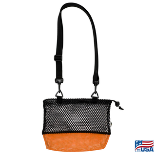 Orange AdventureUs mesh collecting bag with carrying strap for agate hunting, rock collecting, mushroom foraging, and beachcombing.