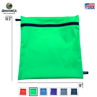 Eco-friendly, water-resistant pack bags keep messes contained and gear organized. Perfect for travel, wet swimsuits, toiletries, or hiking essentials, they make sustainable living simple and stylish. USA Made in Wisconsin with USA eco-friendly fabric.  large size 14 wide by 14.5 inches long.