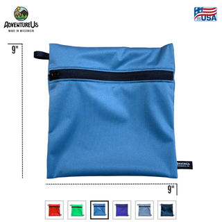 Eco-friendly, water-resistant pack bags keep messes contained and gear organized. Perfect for travel, wet swimsuits, toiletries, or hiking essentials, they make sustainable living simple and stylish. USA Made in Wisconsin with USA eco-friendly fabric.  Medium size nine inches by nine inches.