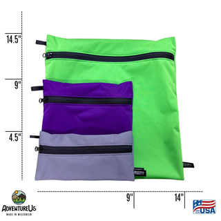 Eco-friendly, water-resistant pack bags keep messes contained and gear organized. Perfect for travel, wet swimsuits, toiletries, or hiking essentials, they make sustainable living simple and stylish. USA Made in Wisconsin with USA eco-friendly fabric. 