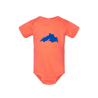 AdventureUs Lake Superior graphic on a papaya orange baby bodysuit.