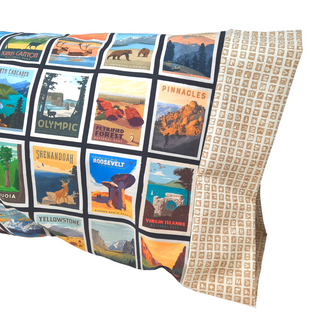 This pillowcase is perfect for the National Parks enthusiast in your life.  Standard Size measures 30" x 20" One pillowcase Choose from cream or green cuff Washing Instructions: Machine Wash Cold/Tumble Dry Low Product designed and sewn by&nbsp;AdventureUs 2022 in Northern Wisconsin  Materials: 100% cotton&nbsp;Riley Blake Designs™ National Parks Posters fabric