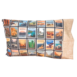 This pillowcase is perfect for the National Parks enthusiast in your life.  Standard Size measures 30" x 20" One pillowcase Choose from cream or green cuff Washing Instructions: Machine Wash Cold/Tumble Dry Low Product designed and sewn by&nbsp;AdventureUs 2022 in Northern Wisconsin  Materials: 100% cotton&nbsp;Riley Blake Designs™ National Parks Posters fabric