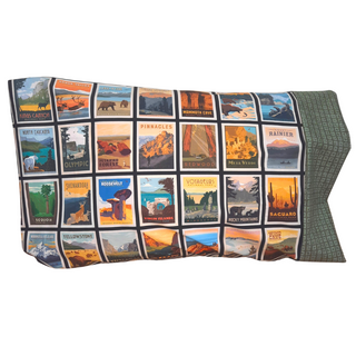 This pillowcase is perfect for the National Parks enthusiast in your life.  Standard Size measures 30" x 20" One pillowcase Choose from cream or green cuff Washing Instructions: Machine Wash Cold/Tumble Dry Low Product designed and sewn by&nbsp;AdventureUs 2022 in Northern Wisconsin  Materials: 100% cotton&nbsp;Riley Blake Designs™ National Parks Posters fabric