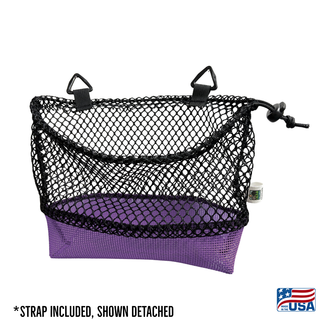 Purple AdventureUs mesh collecting bag with carrying strap shown detached for agate hunting, rock collecting, mushroom foraging, and beachcombing.