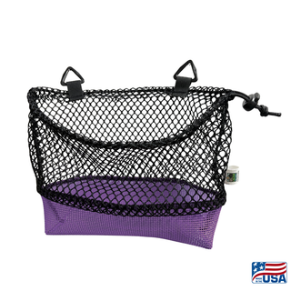 AdventureUs Mesh Collecting Bag in Purple and Black. Gusseted bottom and drawstring closure on a mesh collecting bag for rocks, mushrooms, shells, and beach finds. Strap removed.