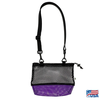 Purple and Black AdventureUs mesh collecting bag with carrying strap for agate hunting, rock collecting, mushroom foraging, and beachcombing.