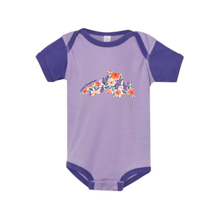 AdventureUs Lake Superior graphic with pink and purple flowers on a two tone purple baby bodysuit.