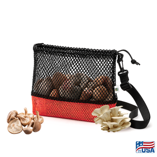 Red and Black AdventureUs mesh collecting bag with carrying strap for agate hunting, rock collecting, mushroom foraging, and beachcombing. Filled with rocks with nature items around for featured suggested use.