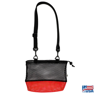 Orange and Black AdventureUs mesh collecting bag with carrying strap for agate hunting, rock collecting, mushroom foraging, and beachcombing.