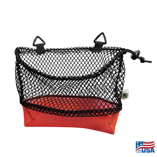 AdventureUs Mesh Collecting Bag in Orange and Black. Gusseted bottom and drawstring closure on a mesh collecting bag for rocks, mushrooms, shells, and beach finds. Strap removed.