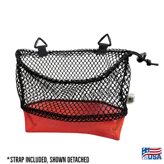 Red AdventureUs mesh collecting bag with carrying strap shown detached for agate hunting, rock collecting, mushroom foraging, and beachcombing.