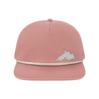 Pink cotton with a cream rope flat billed trucker hat with a silver embroidered patch of Lake Superior.