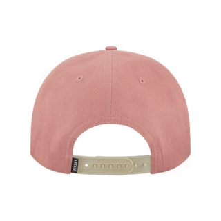 Snap back closure on a pink trucker hat.