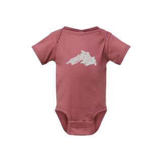 AdventureUs Lake Superior vintage distressed graphic on a rose pink baby bodysuit.