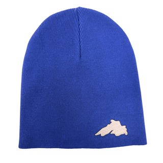 Navy stretchy narrow rib knit beanie featuring a silver embroidered Lake Superior patch.