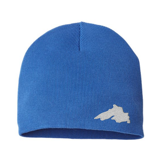 Royal Blue Organic Cotton  Knit Beanie featuring a Lake Superior embroidered patch designed and applied by AdventureUs in Washburn Wisconsin.