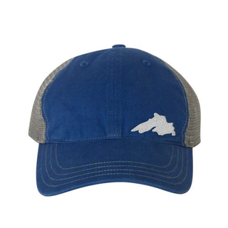 Royal Blue Lake Superior Unstructured Trucker Hat with grey mesh sides, adjustable snapback closure, and featuring a silver embroidered lake superior patch.